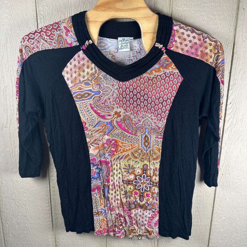 Parsley & Sage Tunic Top Women 3X Black Multi Paisley 3/4 Sleeve Boho Langenlook